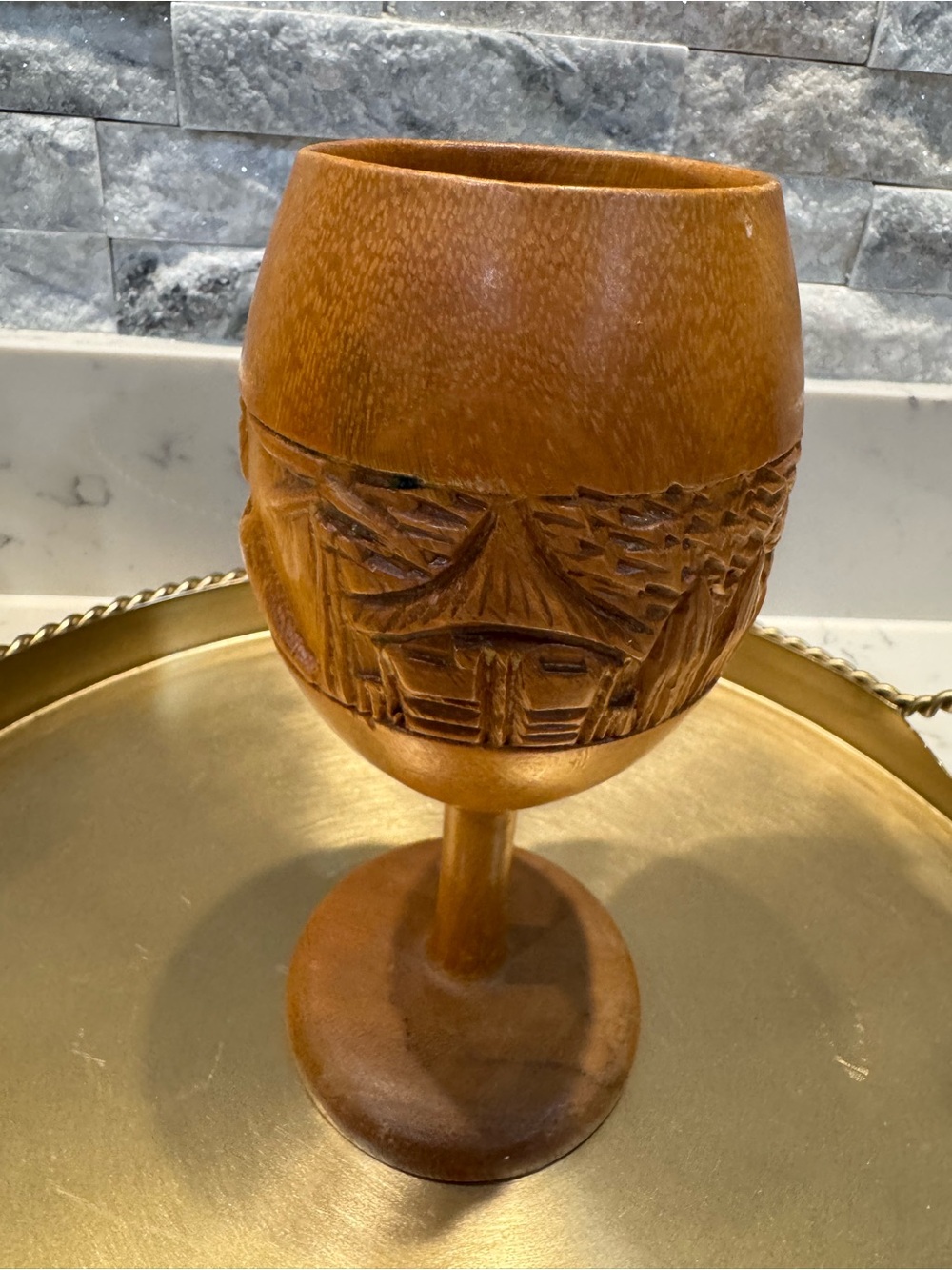 Vintage Hand-Carved Wooden Goblet Chalice Village Scene Folk Art in Warm Brown